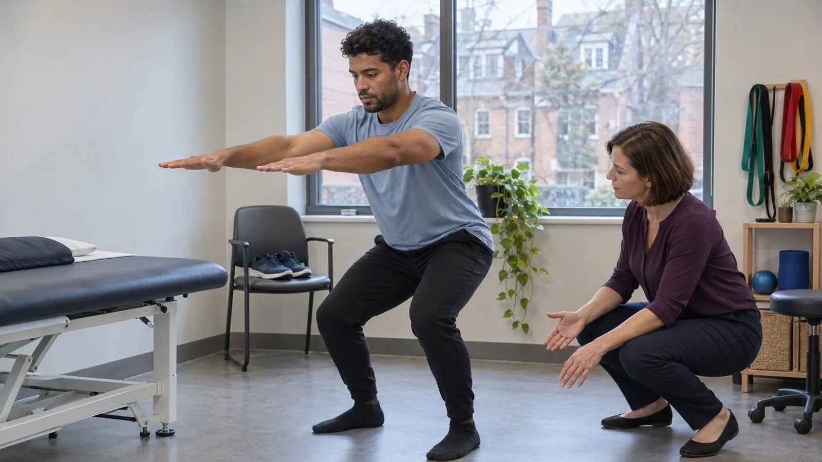 A physiotherapist observing a first-visit movement assessment